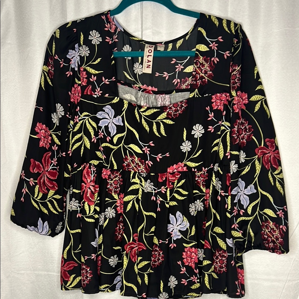 Dolan Black Floral 3/4 Sleeve Blouse with Square Collar size Medium